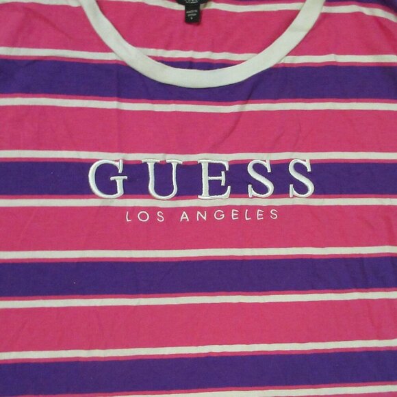 Guess Los Angeles Women's Pink Purple White Striped T-Shirt Size Large - Picture 2 of 7